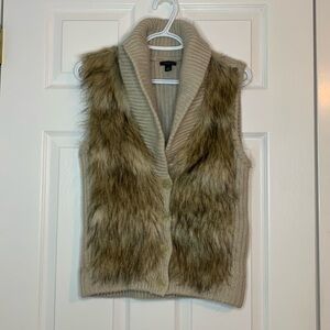 Ann Taylor Faux Fur Sweater Vest Merino Wool Modal Cashmere Beige Size Small